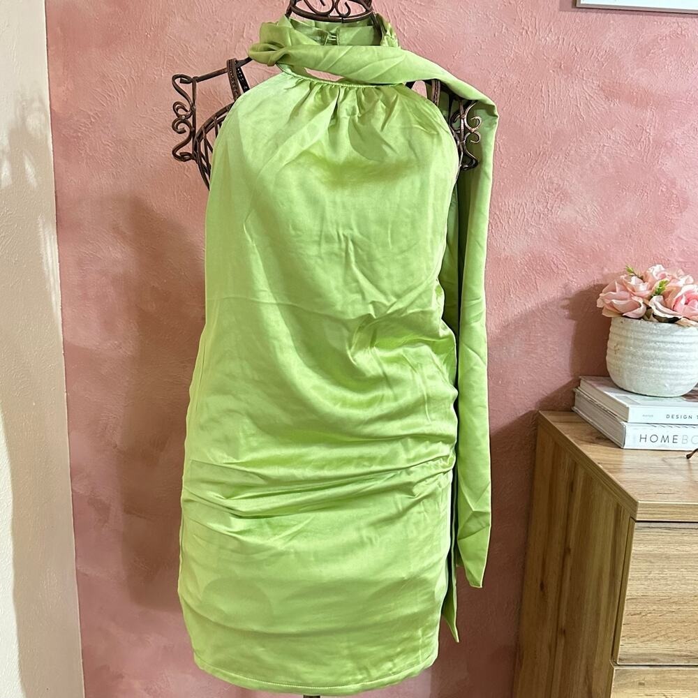 Fashion Nova Lime Green Satin Halter Mini Dress with Sash Large
